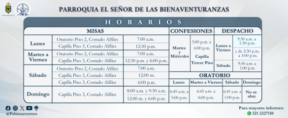 Horarios Eucaristías, Despacho, Confesiones, Apertura y Cierre Oratorio